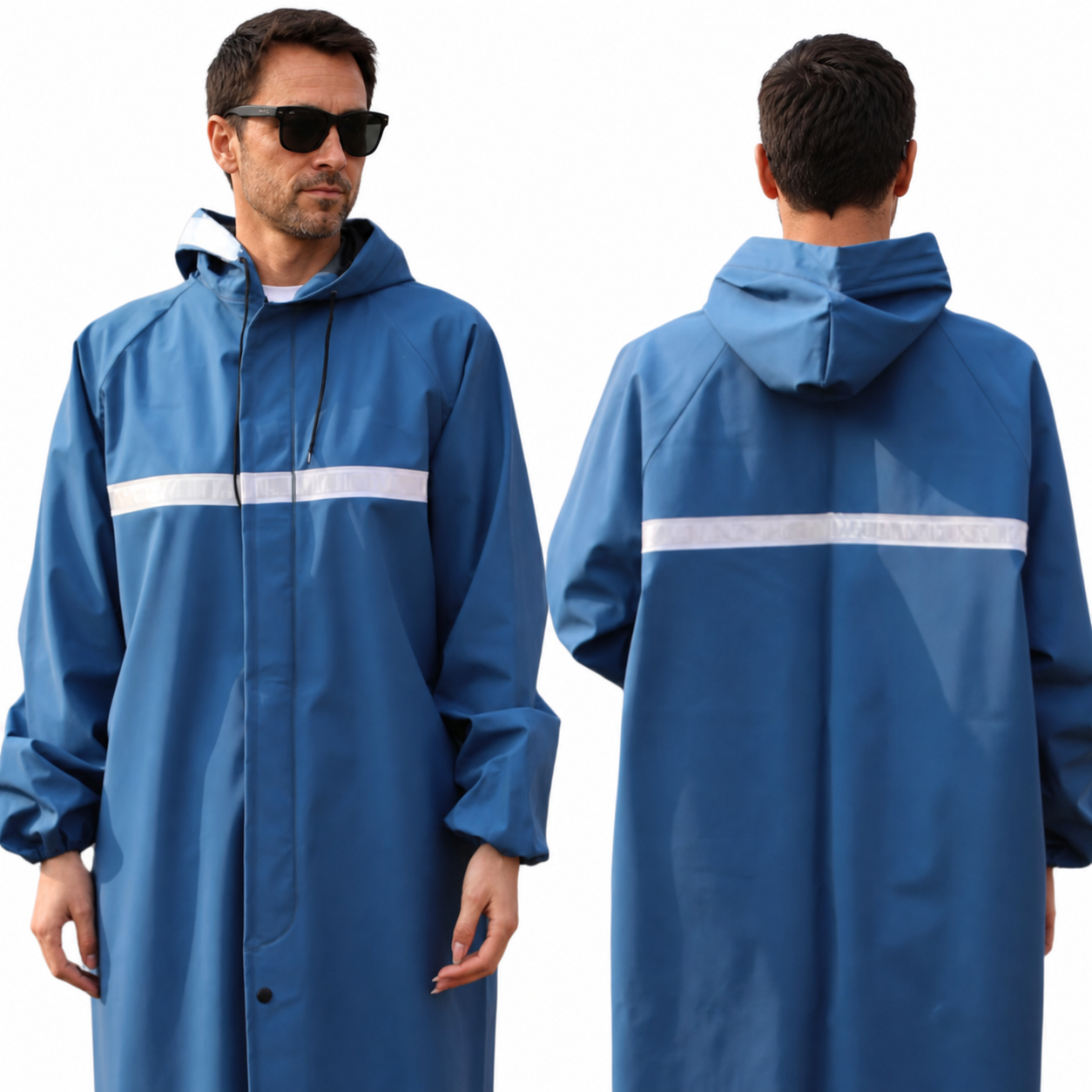 Blue Reflective PVC Long Raincoat