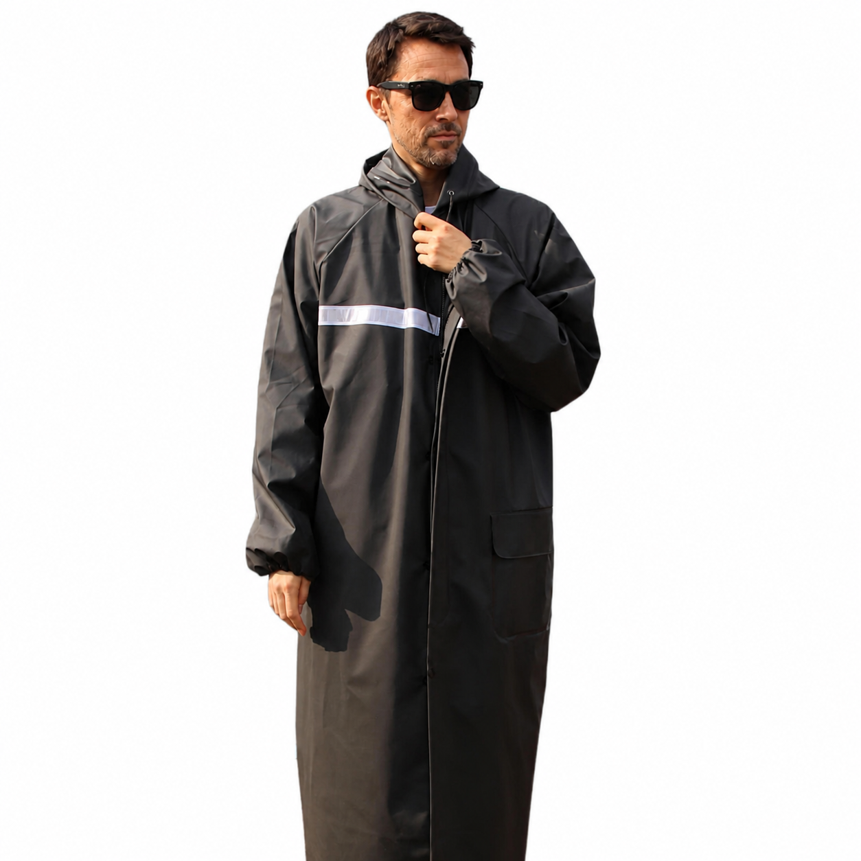 Black Reflective PVC Long Raincoat