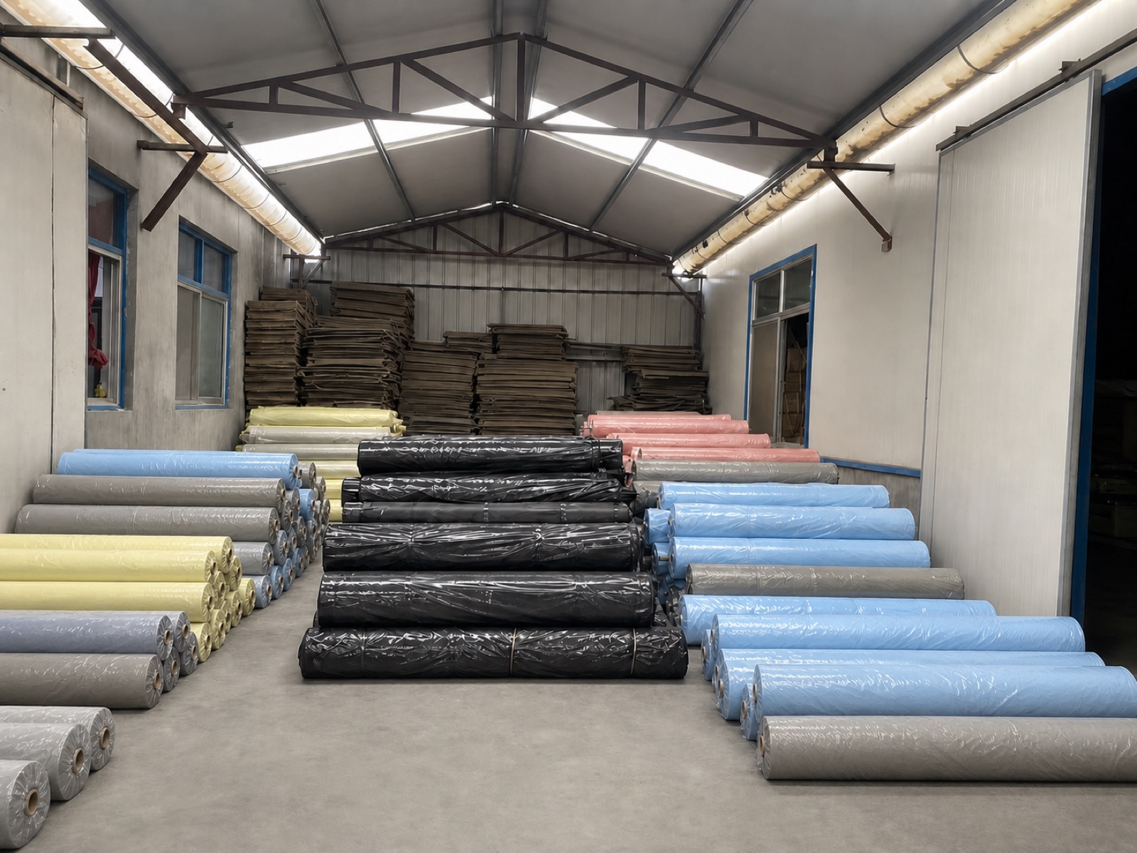 PVC waterproof fabric rolls in the workshop