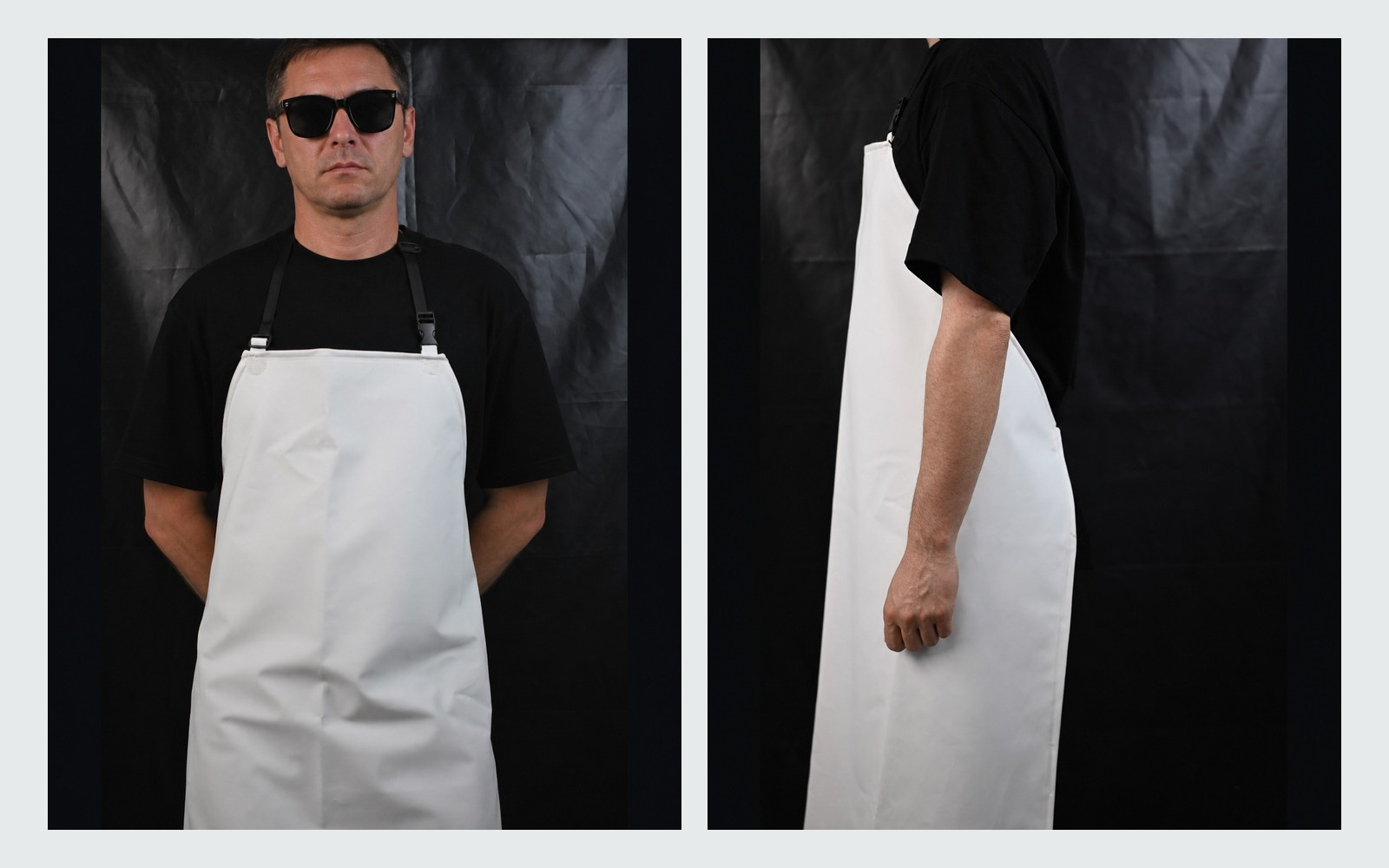 Real white PVC waterproof work apron, front and side views