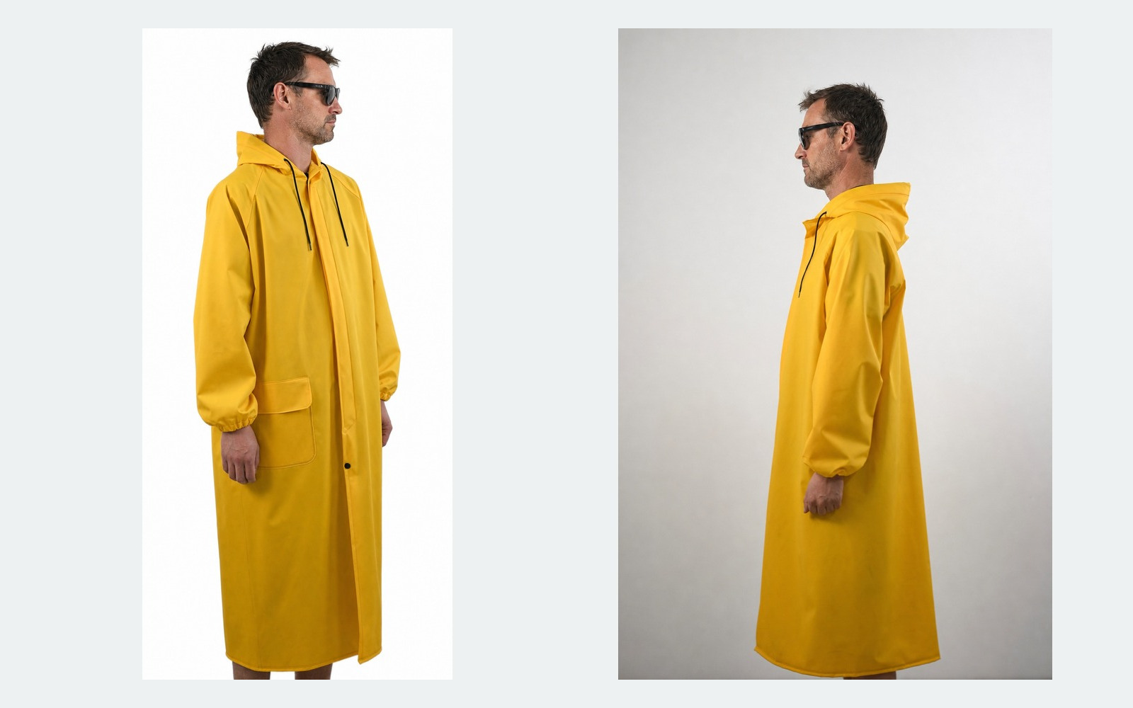 Real yellow PVC long raincoat, front and side views